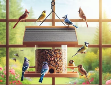 raamvoederhuisje aan het raam met vogels